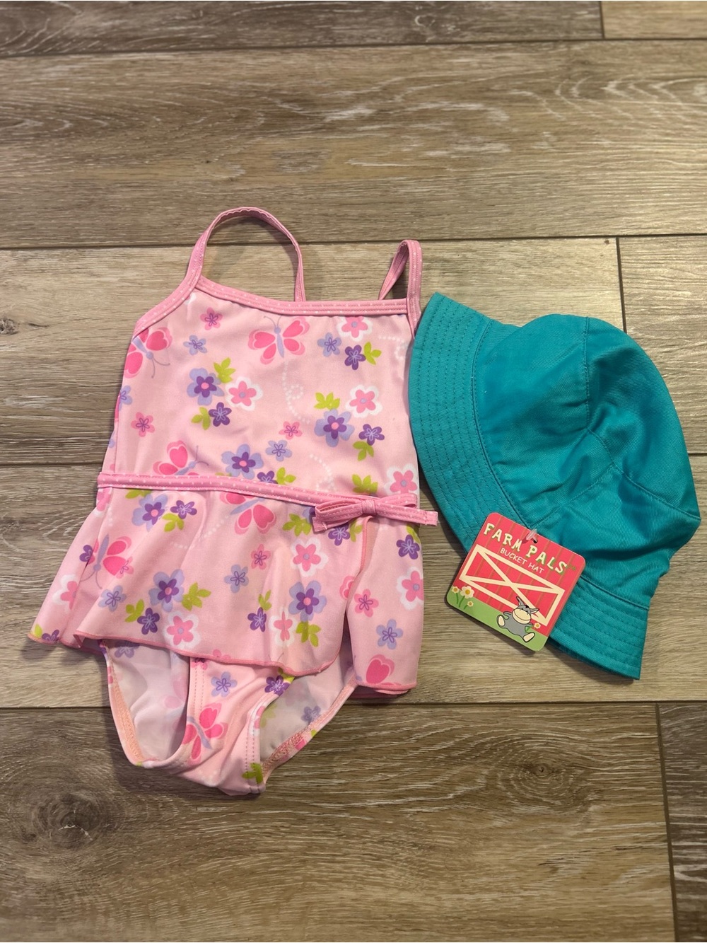 Target Pink Floral One-Piece Swimsuit with Teal Bucket Hat